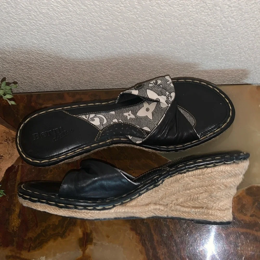 BORN “DRILLES” platform espadrilles, twisted black leather, canvas upper. 10 EUC